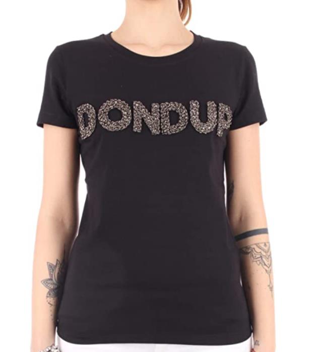 Dondup, t-shirt stretch nera con logo gioiello 